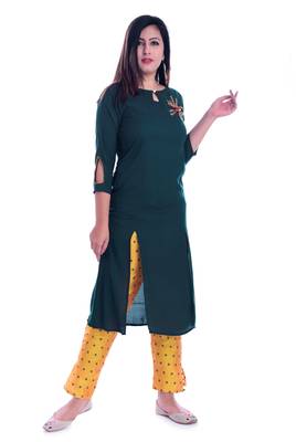 Green embroidered Rayon Kurti with pant set 2