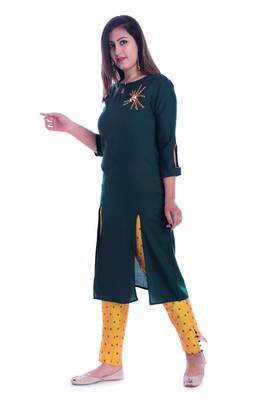 Green embroidered Rayon Kurti with pant set 3