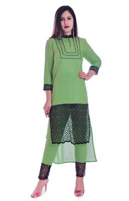 Green embroidered Rayon Kurti with pant set 1