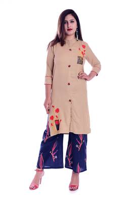 Beige embroidered Rayon Kurti with palazzo set 1