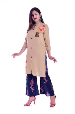 Beige embroidered Rayon Kurti with palazzo set 3