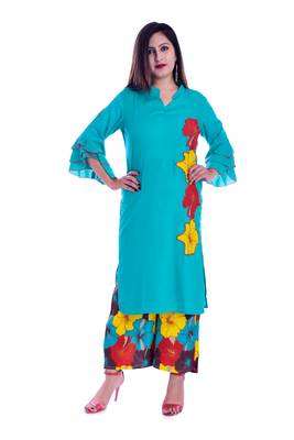 turquoise embroidered Rayon Kurti with palazzo set 1