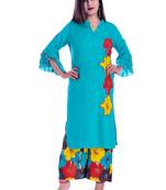 turquoise embroidered Rayon Kurti with palazzo set