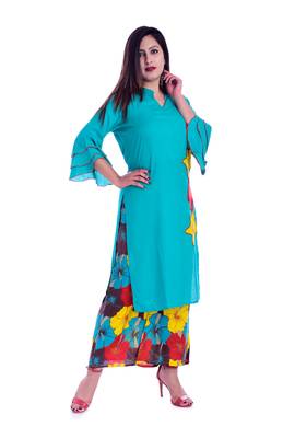 turquoise embroidered Rayon Kurti with palazzo set 2