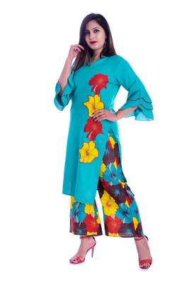 turquoise embroidered Rayon Kurti with palazzo set 3