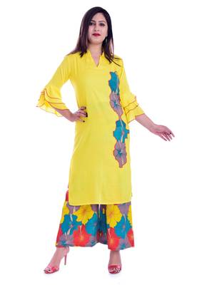 Yellow embroidered Rayon Kurti with palazzo set 1