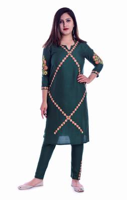 Green embroidered Rayon Kurti with pant set 1