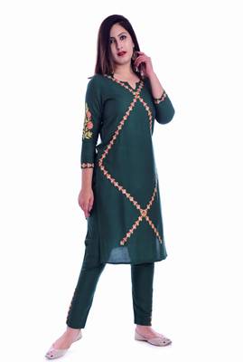 Green embroidered Rayon Kurti with pant set 2