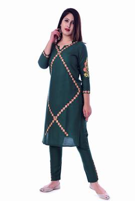 Green embroidered Rayon Kurti with pant set 3
