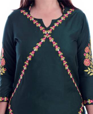 Green embroidered Rayon Kurti with pant set 4