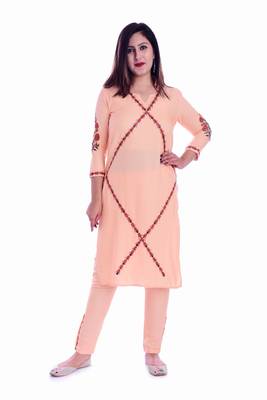 Peach embroidered Rayon Kurti with pant set 1