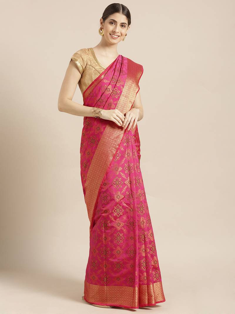 Women's Silk Blend Pink Woven Design Celebrity Saree With Blouse Piece