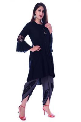 Black embroidered Rayon womens Kurta and Dhoti Pant Set 2