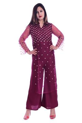 purple embroidered rayon Kurti with palazzo set 1