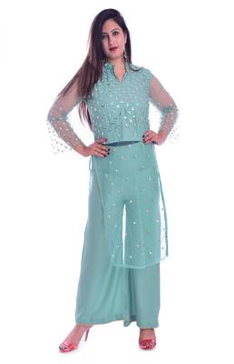 turquoise embroidered rayon Kurti with palazzo set 1