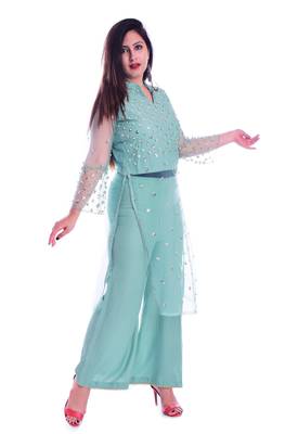 turquoise embroidered rayon Kurti with palazzo set 2