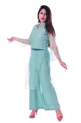 turquoise embroidered rayon Kurti with palazzo set 3