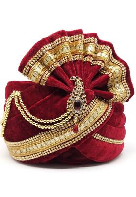 Wedding Wear Maroon Safa With Golden Lace Size 25 1