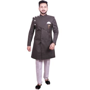 Black plain raw silk sherwani 1