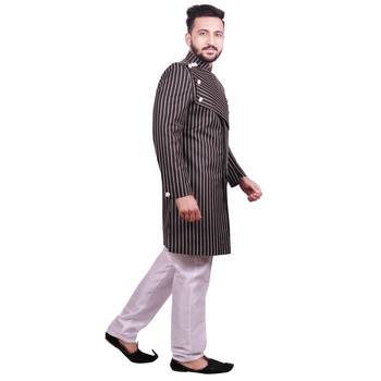 Black plain raw silk sherwani 4