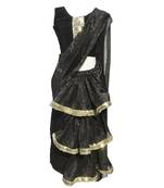 Black Self Designed Mixed Blended With Velvet Blouse Stitched Pre Stitched Saree.Stitched