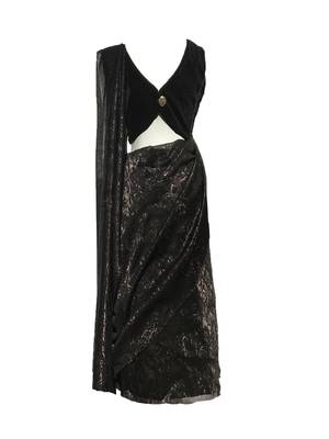 Black Self Designed Mixed Blended With Velvet Blouse Stitched Pre Stitched Saree.Stitched 2