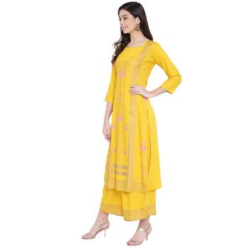 Yellow printed rayon kurtas-and-kurtis 4