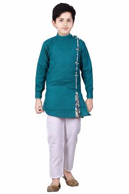 Green plain cotton silk boys-kurta-pyjama 1