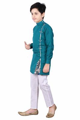 Green plain cotton silk boys-kurta-pyjama 3