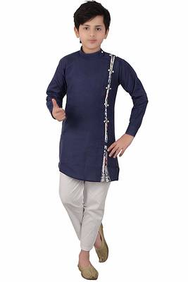 Blue plain cotton silk boys-kurta-pyjama 1