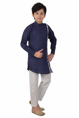 Blue plain cotton silk boys-kurta-pyjama 2