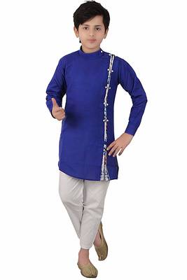 Blue plain cotton silk boys-kurta-pyjama 1