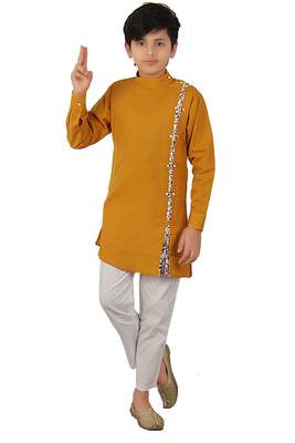 Yellow plain cotton silk boys-kurta-pyjama 1