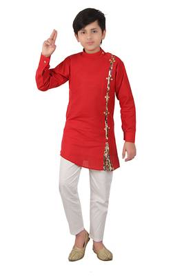 Red plain cotton silk boys-kurta-pyjama 1