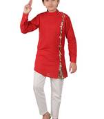 Red plain cotton silk boys-kurta-pyjama