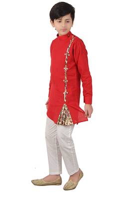 Red plain cotton silk boys-kurta-pyjama 3