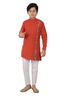 Orange plain cotton silk boys-kurta-pyjama 1