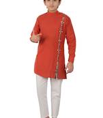 Orange plain cotton silk boys-kurta-pyjama