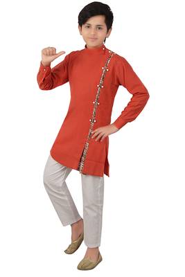 Orange plain cotton silk boys-kurta-pyjama 2