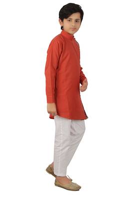 Orange plain cotton silk boys-kurta-pyjama 3
