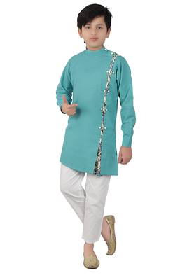 Turquoise plain cotton silk boys-kurta-pyjama 1