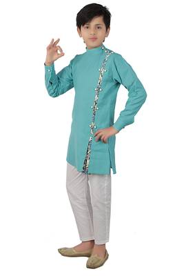 Turquoise plain cotton silk boys-kurta-pyjama 2
