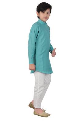 Turquoise plain cotton silk boys-kurta-pyjama 3