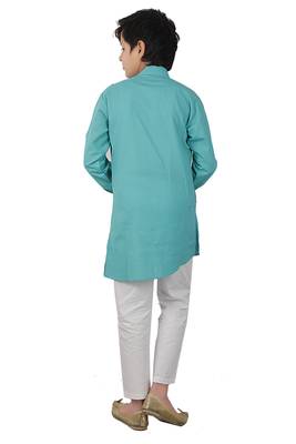 Turquoise plain cotton silk boys-kurta-pyjama 4