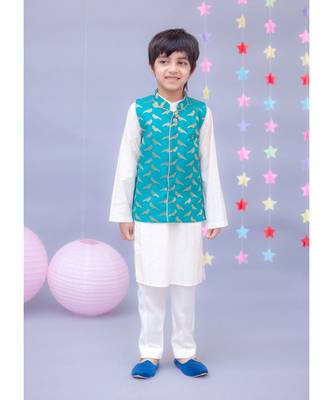 Rama Green Brocade Nehru Jacket Set 1