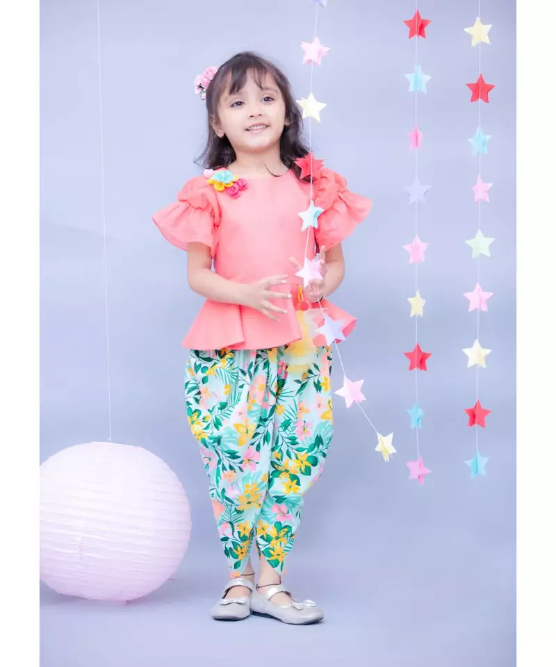 Light Peach Peplum Top with Printed Dhoti