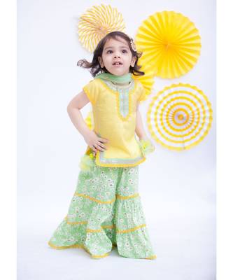 Yellow Kurta With Green Floral Printed Sharara Set 1