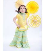 Yellow Kurta With Green Floral Printed Sharara Set
