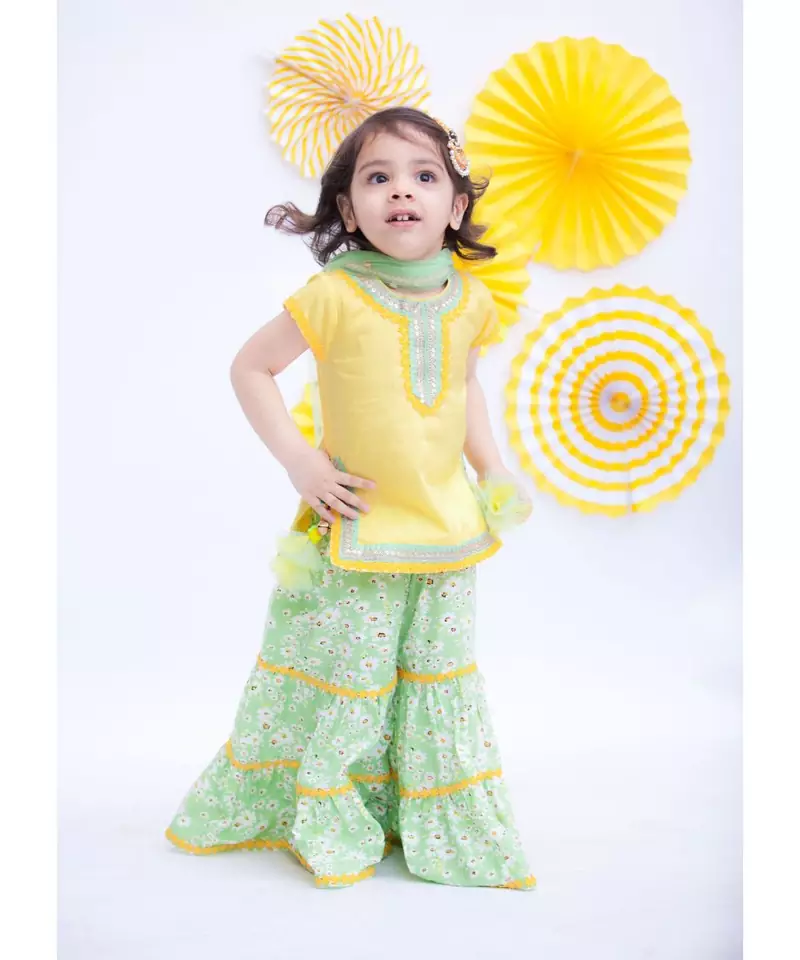 Yellow Kurti with Green Printed Sharara