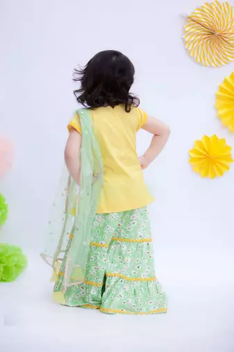 Yellow Kurta With Green Floral Printed Sharara Set